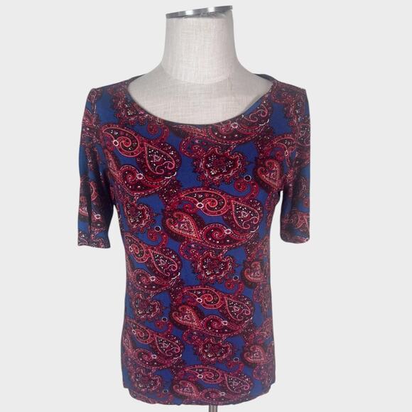 LOFT Medium Blue Red Floral Paisley 100% Rayon Short Sleeve Shirt - Picture 1 of 8